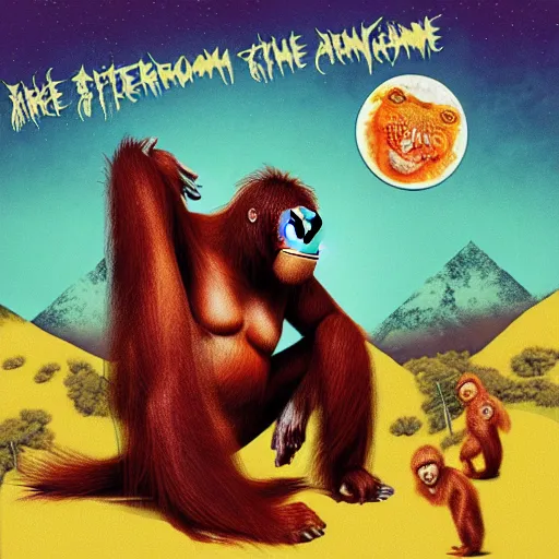 Image similar to orangutan in the style of dirty rhymes & psychotronic beats album cover by pungent stench