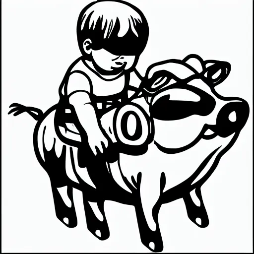 Prompt: small young boy riding large fat pig, black and white, comic book style, line art