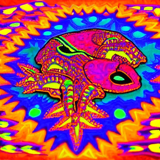 Prompt: trippy neon huichol art design of an axolotl