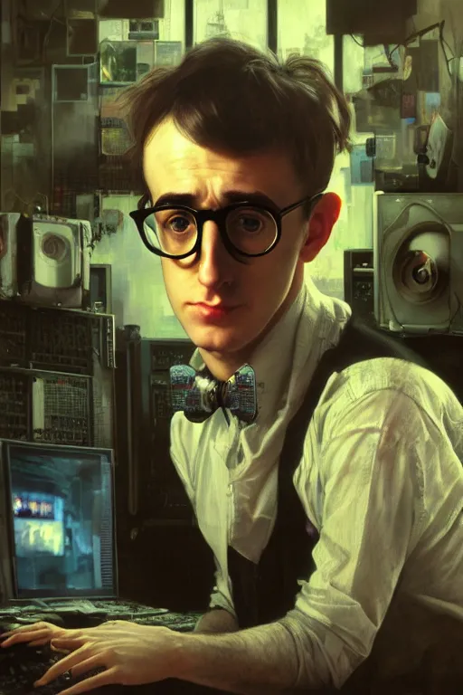 Image similar to hyperrealist cyberpunk portrait of a young ducktail bearded middle eartern woody allen, it is decorated with long computer wires and computer monitors in the cyberpunk office background. by jeremy mann and alphonse mucha, fantasy art, photo realistic, dynamic lighting, artstation, poster, volumetric lighting, very detailed faces, 4 k, award winning