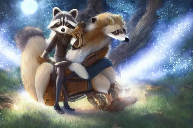 Prompt: an anthro anthro raccoon, riding an oversized fox through a forest, glowing with silver light, today's featured anime still, 1 6 k, character design, furry art, furaffinity