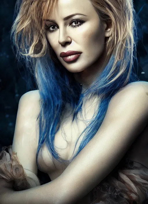 Prompt: beautiful portrait of kylie minogue, gothic, blue hair, ultra realistic, cinematic lighting, depth of field, Zbrush , WLOP, Seb McKinnon