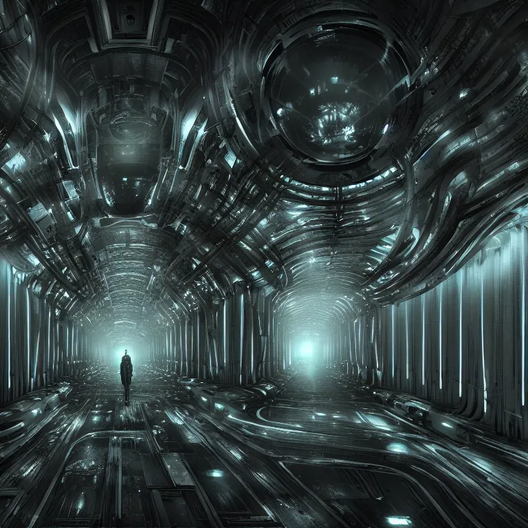 Image similar to sci-fi Prometheus biological corridor, biologic HR Giger style, Alien, Wide angle, featured in artstation, octane render, cinematic, elegant, intricate, 8k