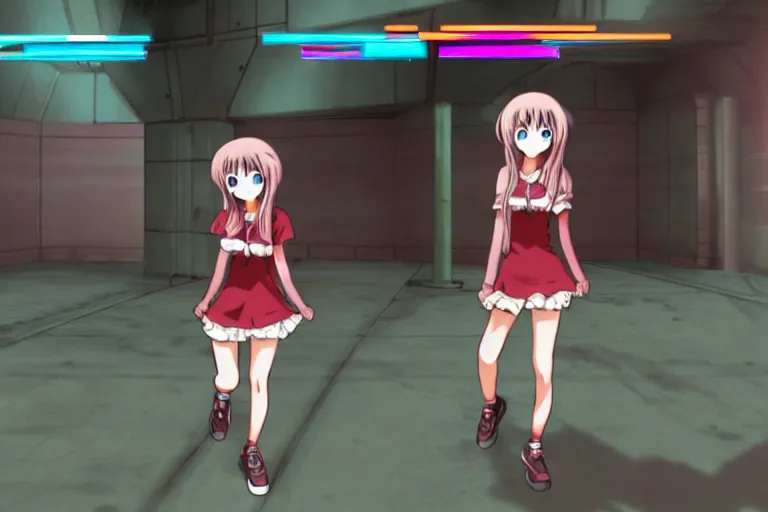 Image similar to an anime girl in a screenshot of the video game doom!!!!!!!, the anime girl is running