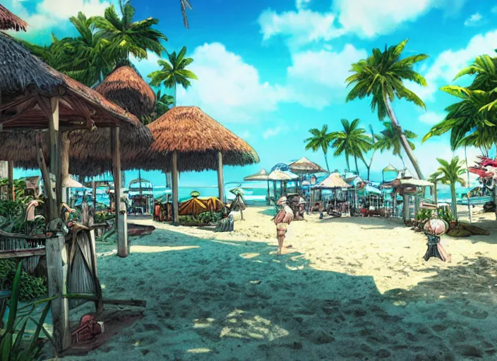 Prompt: Fantasy tropical port town ground view of the beach. hidari, color page, tankoban, 4K, tone mapping, Akihiko Yoshida.