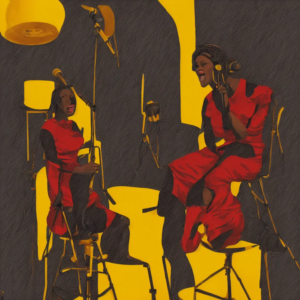 Prompt: portrait a light-skinned black woman wearing cornrows singing into a microphone in a studio, wearing a red dress, sitting on a stool, and 4 or 5 yellow lamps hanging around her, professional illustration, art by Kenne Gregoire, trending on artstation