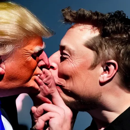 Prompt: a detailed photograph of elon musk kissing donald trump