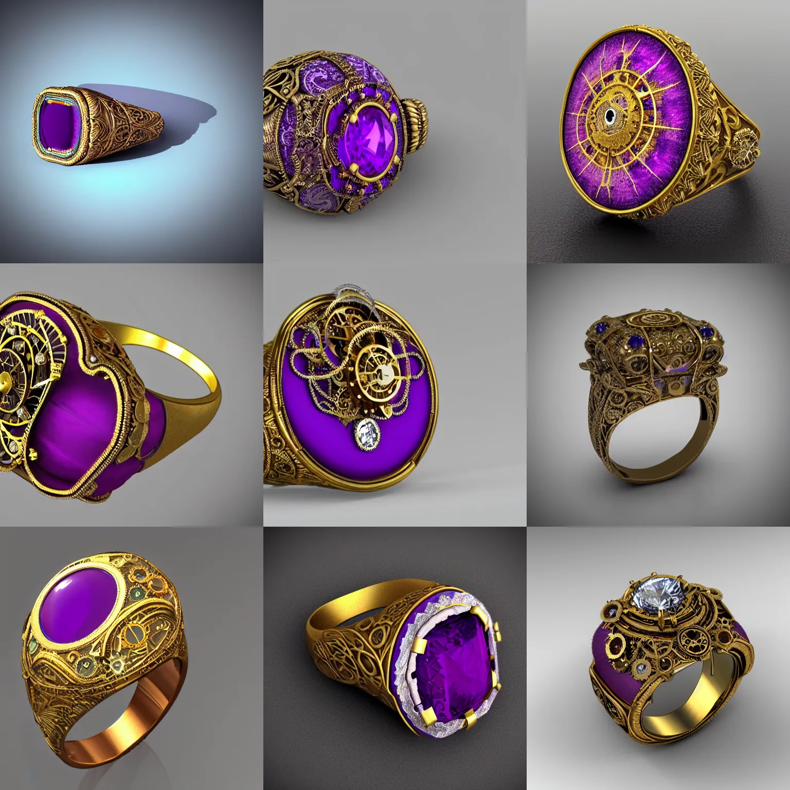 Prompt: steampunk style gold and diamond ring artstation ultra detailed render centered on purple cushion with intricate white embroidery