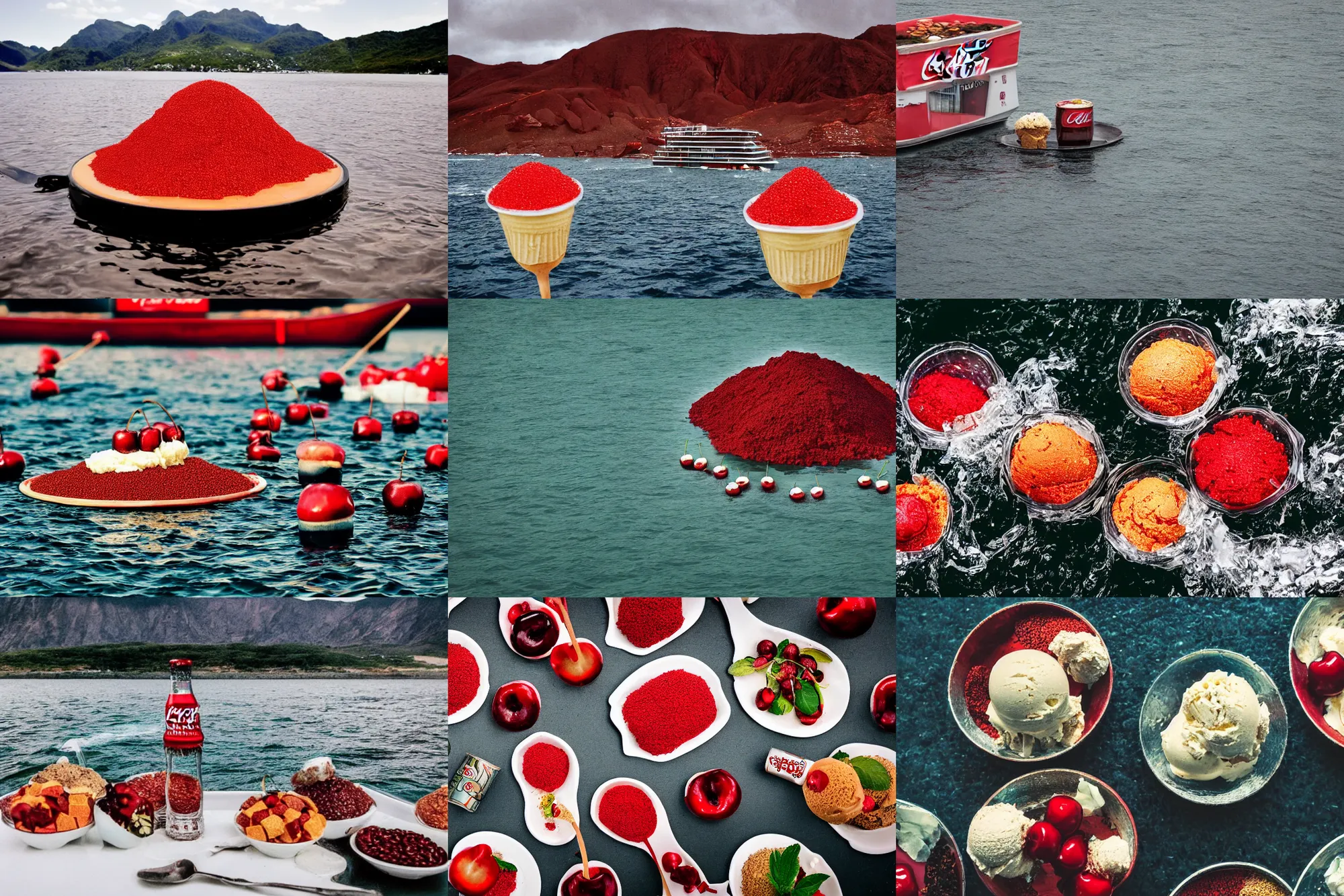 Image similar to an island made of food, around the island instead of water coca - cola ( dark brown ), instead of sand red caviar, instead of mountains ice cream with cherries, photo taken from a boat, 3 5 mm, cinematic