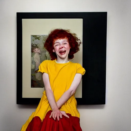 Image similar to Sophia Lillis with long, curly red hair, she is laughing, she is wearing a yellow dress, portrait by Norman Rockwell,