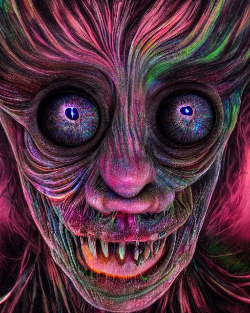 Image similar to realistic portrait of a creature experiment gone wrong, psychedelic, dark art, facing camera, photo realistic, detailed, 1 4 5 0, delicate, hyper realism, ultra realistic, 8 k