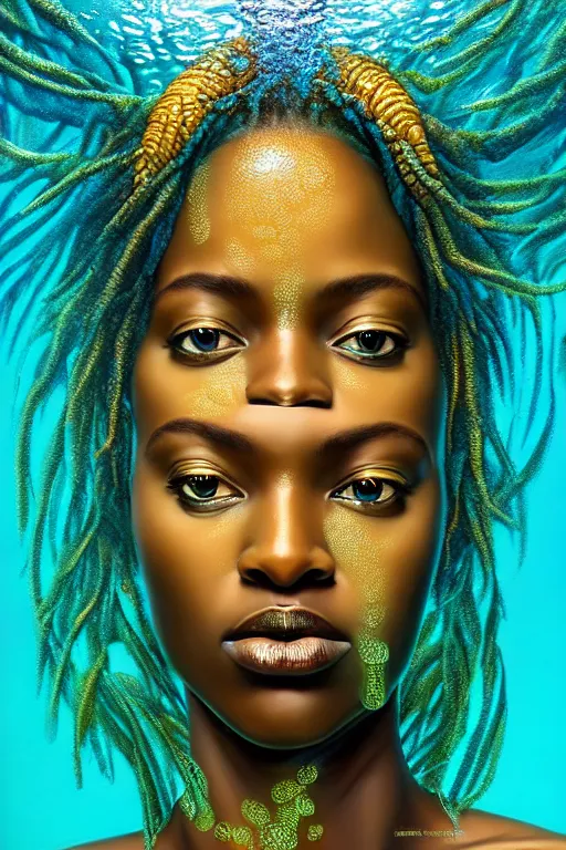 Image similar to hyperrealistic wide shot of very expressive! translucent!! african goddess, cinematic underwater scene with fish and algae, gold jewerly, highly detailed face, digital art masterpiece, eric zener cam de leon, dramatic pearlescent turquoise light on one side, low angle uhd 8 k, shallow depth of field