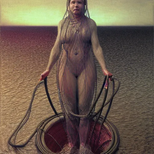 Prompt: portrait, standing in a lake, woman wrapped around by tubes and cables, glowing red, by edgar maxence and ross tran, zdzisław beksinski, and michael whelan, distant, gustav dore, h. r. giger, 8 k, octane render