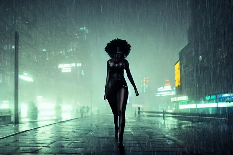 Image similar to vfx cyberpunk beautiful black woman photo real, sci-fi city street night lighting, rain and fog by Emmanuel Lubezki