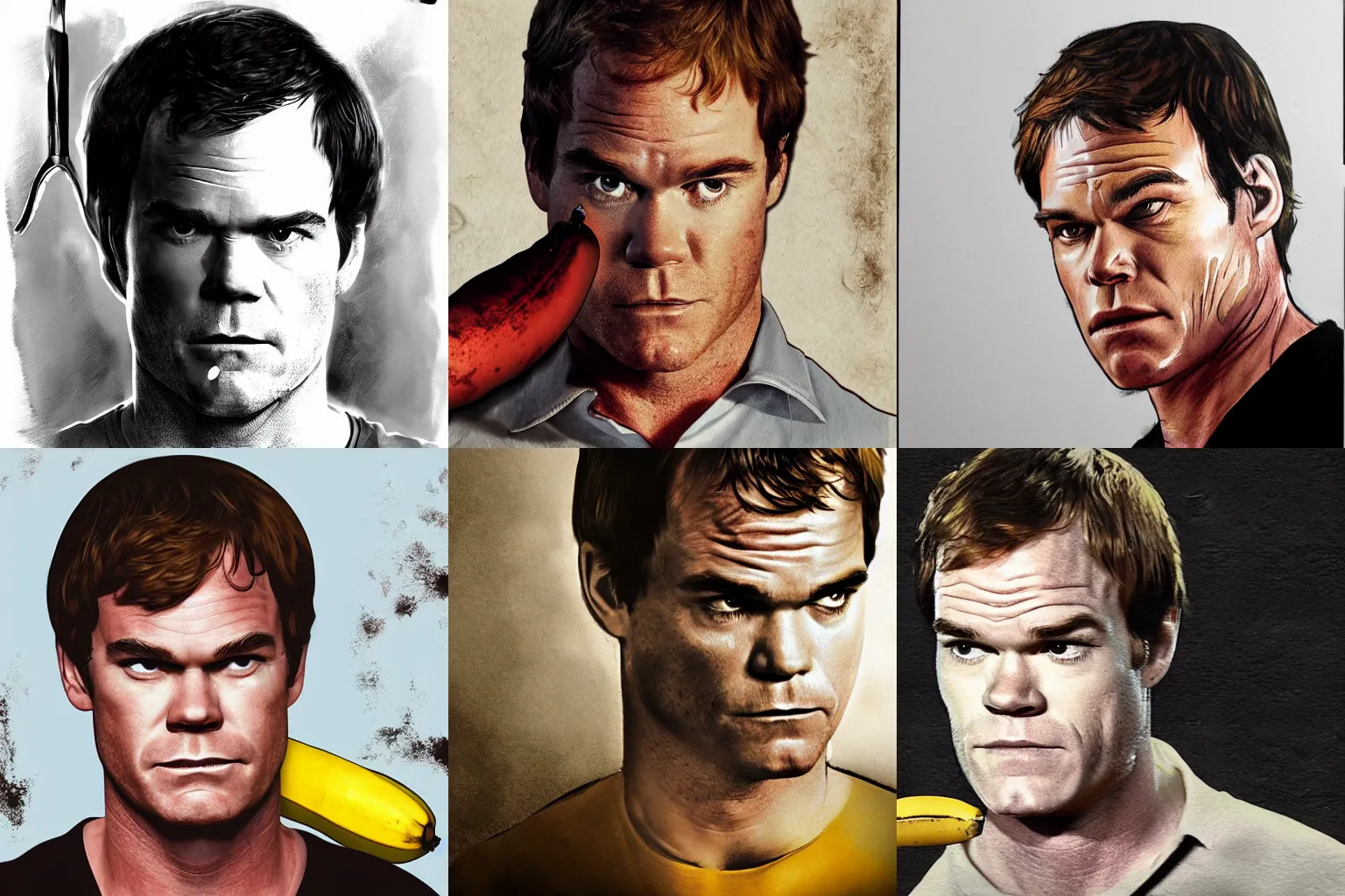 Prompt: dexter morgan afraid and hiding from a banana, photorealistic, high contrast