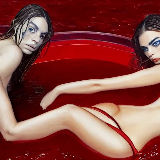 Prompt: painting of emily ratajkowski and cara delevigne laying in a pool blood red water. Very clear face and full physically accurate body shot. There is a golden shining mirror frame that intersects the water between them. Outside of the mirror frame is a black sky full of stars and within the frame is beautiful renaissance landscape. hyperrealistic, surreal, art, photography, artstation, smooth, sharp focus, art by artgem, francis bacon, HR Giger, greg rutkowski and alphonse much 4k