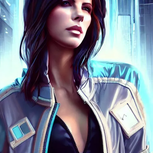 Image similar to a beautiful young kate beckinsale cyberpunk model, stylized concept art, wearing elegant designer jacket, bomber jacket with patterns, mesoamerican native street fashion, princess mononoke, painted by ilya kuvshinov aesthetic, gorgeous, stunning, alluring, attractive, artstation, pinterest, digital art.