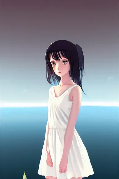 Image similar to mysterious little girl with her long black hair dressed in a simple white dress in lake, anime art style, digital artwork made by ilya kuvshinov, inspired in balthus, hd, 4 k, hyper detailed, side view