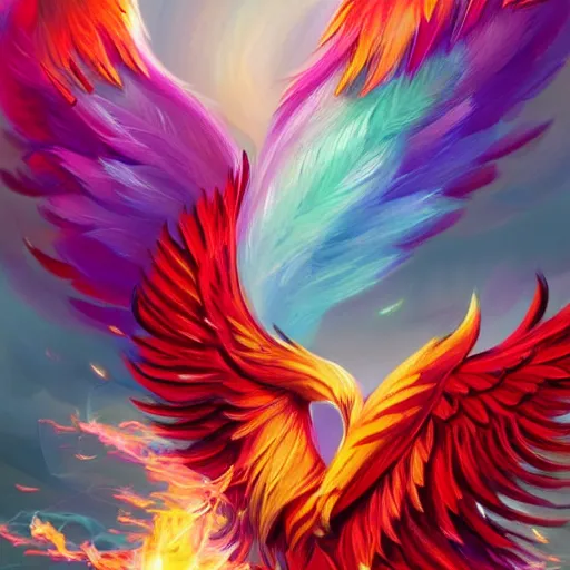 Prompt: stylized cute flying chinese phoenix, sparkling bird eyes, embers surrounding her wings, shining rainbow feathers, smooth features, feathers on fire, stylized art, digital painting, artstation, concept art, smooth, soft focus, beautiful rainbow colors, illustration, chinese phoenix art by Artgerm and greg rutkowski