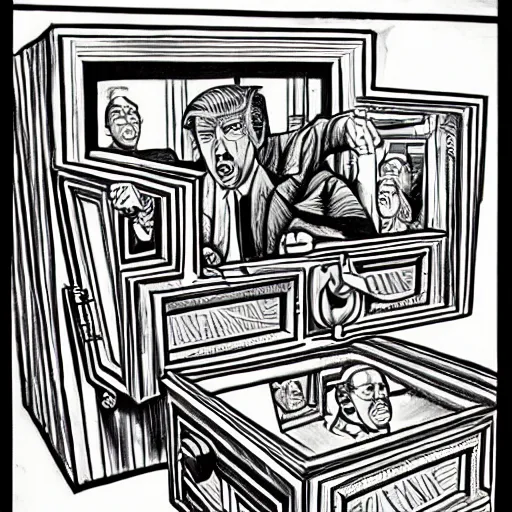 Image similar to a m. c. escher style drawing of trump and his safe