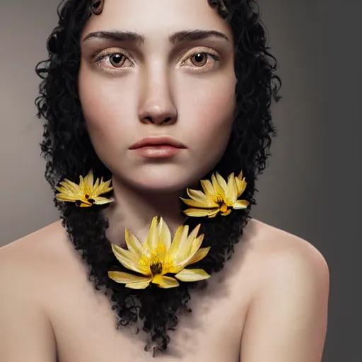 Prompt: portrait of a young lady with curly black hair with tattoo of a flower on her neck, round face, big brown eyes, picture, hyperrealistic, focused, hyper realistic, ultra detailed, octane render, volumetric lighting, 8 k post - production