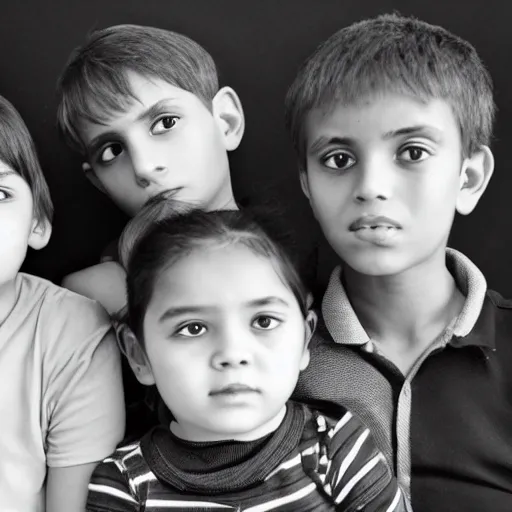 Prompt: four people, one girl and three boys sitting together, they are siblings, black background, 8 0 mp photography, all are visible