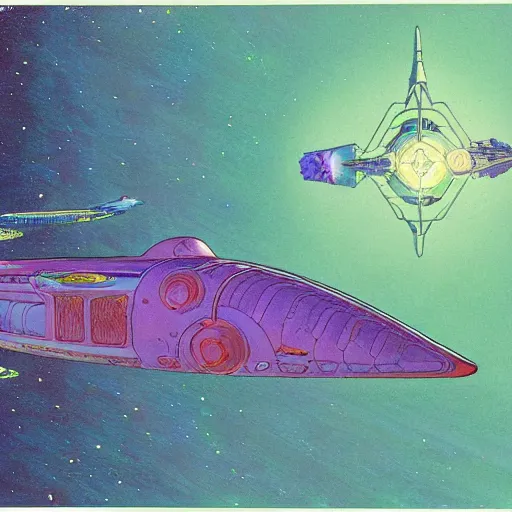 Image similar to an illustration of a spaceship. moebius. psychadelic lsd sci fi art.