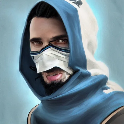 Image similar to ultra realistic illustration, man with black hair with a black medical mask, in a hood in the form of a blue shark with white teeth, red and blue eyes, mysterious, poker man, highly detailed, digital painting, artstation, concept art, smooth, sharp focus, illustration, art by artgerm and greg rutkowski and alphonse mucha