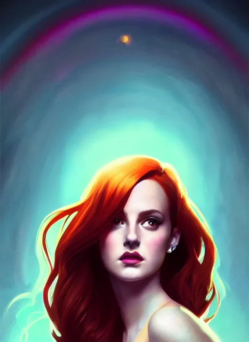 Prompt: full body portrait of teenage cheryl blossom, bangs, green eyes, mischievous expression, red hair, sultry smirk, bangs and wavy hair, intricate, elegant, glowing lights, highly detailed, digital painting, artstation, concept art, smooth, sharp focus, illustration, art by wlop, mars ravelo and greg rutkowski