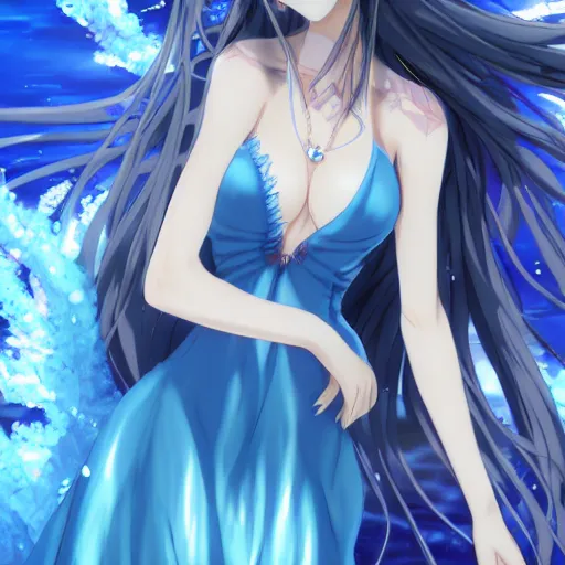 Prompt: a very beautiful anime girl wearing a dress made of water standing in a crystal lake , full body, long white hair with azure blue highlights blending into the dress , azure blue watery eyes, full round face, seductive over the shoulder glances , lens flare, cinematic lighting, medium shot, mid-shot, highly realistically detailed, trending on artstation, Unreal Engine 4k, Stanley Artgerm Lau, WLOP, Rossdraws, James Jean, Andrei Riabovitchev, Marc Simonetti, and Sakimichan
