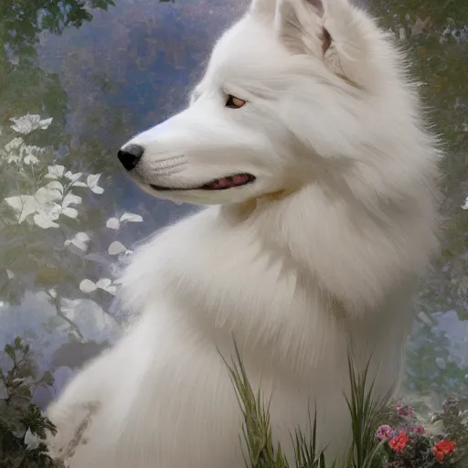 Image similar to samoyed dog, intricate, art by artgerm and greg rutkowski and alphonse mucha and william - adolphe bouguereau, high detailed, 4 k,