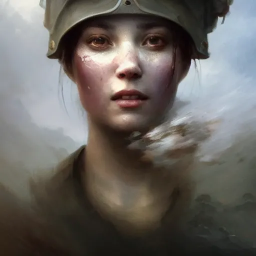 Image similar to cinematic shot epic portrait an female soldier smiling, majestic, beautiful, blush, sweaty skin, battlefield backround, broad light, ambient occlusion, volumetric light effect, made by ivan aivazovsky, peter mohrbacher, greg rutkowski, matte painting, trending on artstation, 4 k, perfectly defined features, digital painting, cinematic, epic, highly detailed,