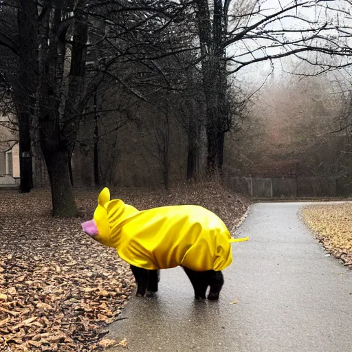 Image similar to photograph of a cute pig walking upright wearing a yellow raincoat