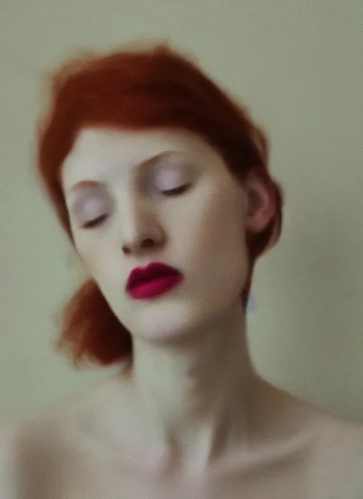 Prompt: out of focus photorealistic portrait of a beautiful aesthetic pale young woman by sarah moon, ginger hair, ginger lipstick, very blurry, translucent white skin, closed eyes, foggy