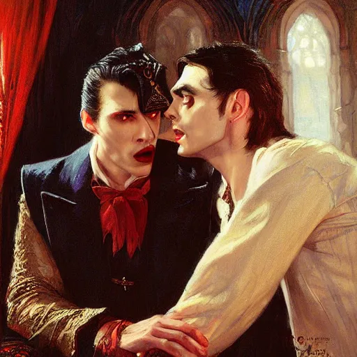 Image similar to attractive male, arthur pendragon confesses his love to attractive male dracula the vampire. highly detailed painting by gaston bussiere, craig mullins, j. c. leyendecker 8 k