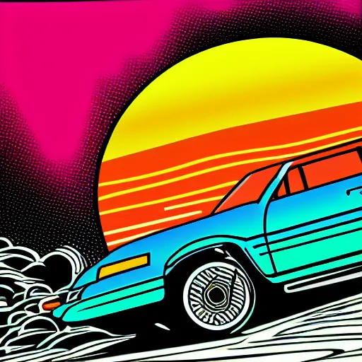 Image similar to vaporwave line art illustration of an 8 0 s station wagon driving during sunset. digits art