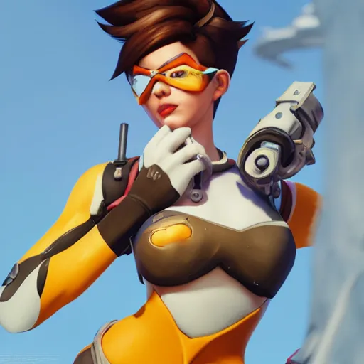 Prompt: overwatch's tracer in a 1 9 5 0's pinup art, promotional skin, overwatch art team, cinematic composition, award winning art, octane render, assymetrical, in the beach