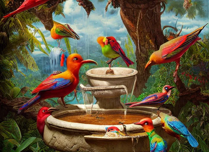 Image similar to colorful birds at the bird bath, lowbrow, matte painting, 3 - d highly detailed, style of greg simkins r,