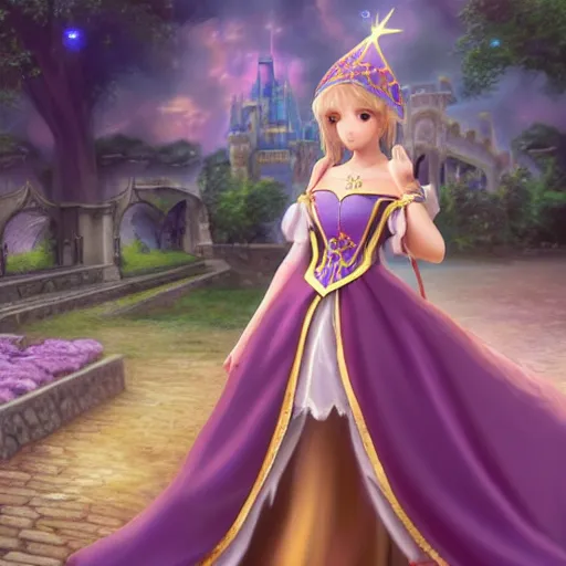 Image similar to a very detailed, ultra-realistic, pleasant, beautiful, funny, smooth 3D CG render, semirealistic anime style, close-up of a gorgeous, cute, gentle, noble priestess magician princess girl wearing dress and jewelry, in a glorious magic kingdom with castle and walls, relaxing calm vibes, fairytale, octane render