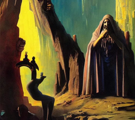 Image similar to robed cyberpunk cultist worshipping at an altar of an ancient god by frank frazetta and bosch, colorful digital art, serious painting, very detailed