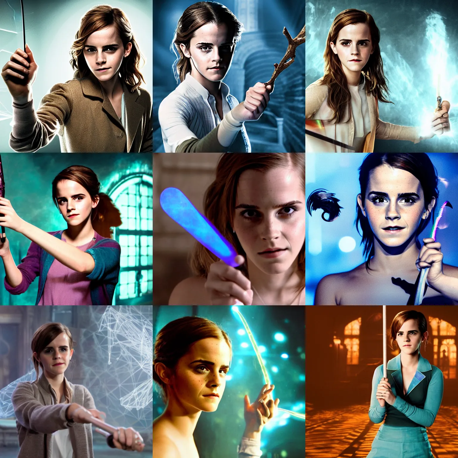 Prompt: emma watson holding a wand in her right hand, a hologram by fuller potter, deviantart, rayonism, movie still, studio photography, high definition