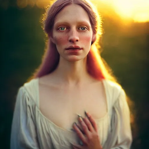 Prompt: photographic portrait of a stunningly beautiful english herbalist renaissance female in soft dreamy light at sunset, beside the river, soft focus, contemporary fashion shoot, hasselblad nikon, in a denis villeneuve and tim burton movie, by edward robert hughes, annie leibovitz and steve mccurry, david lazar, jimmy nelsson, extremely detailed, breathtaking, hyperrealistic, perfect face