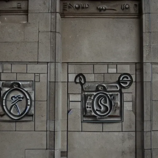 Prompt: a set of strange esotheric symbols on the outside wall at the entrance of a freemason temple