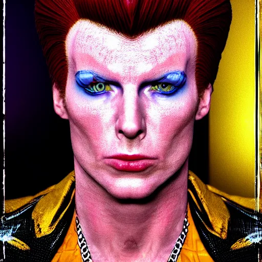 Image similar to film still photo portrait mugshot of ziggy stardust as a jojo bizarre adventure character, realistic, hyperrealistic, 8 k resolution, hd quality, very detailed, highly detailed, intricate details, real life, real world, trending on artstation, digital art, really realistic, very realistic, headshot, head in frame, photograph, portrait, mugshot