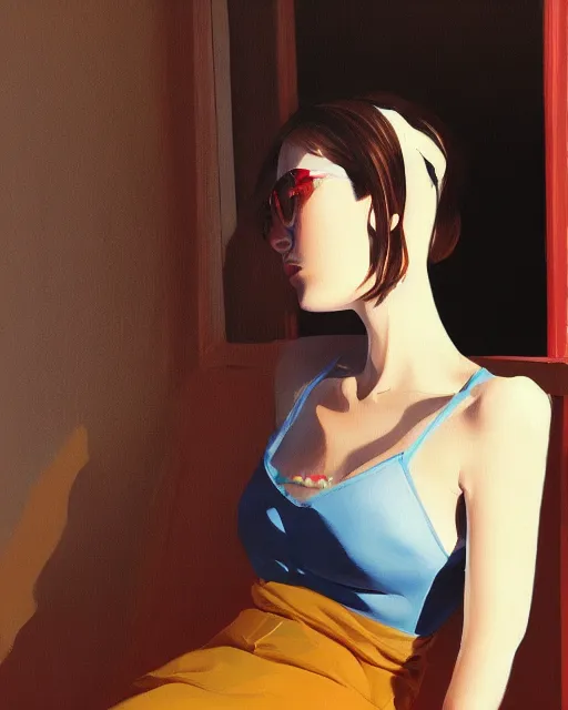 Image similar to A ultradetailed beautiful panting of a stylish woman sitting next to a window, she is wearing streetwear, bright sunny day, Oil painting, by Ilya Kuvshinov, Greg Rutkowski and Makoto Shinkai