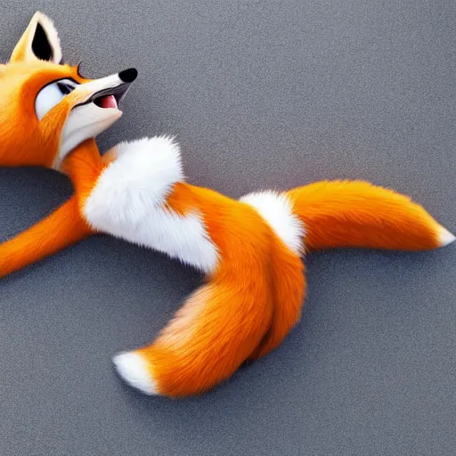 Prompt: full body shot of a anthropomorphic female fox with short white fur covering her body in the style of zootopia, far shot, top down view, 1 0 feet from the carma