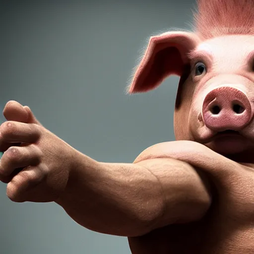 Prompt: Live Action Still Pig Man As Boxer with his hands raised in victory, real life, hyperrealistic, ultra realistic, realistic, highly detailed, epic, HD quality, 8k resolution, body and headshot, film still,Exquisite detail, post-processing, masterpiece, Cinematic Lighting, Unreal Engine, 8k, HD