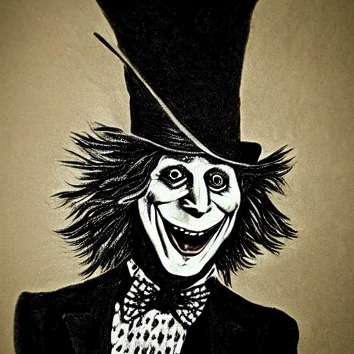 Prompt: horrifying charcoal drawing of the mad-hatter-willie-wonka-babadook