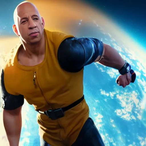 Image similar to vin diesel as saitama!!! throwing!!! a car!!!!!!!!!! into space, ultra realistic, lens flare, atmosphere, glow, detailed, intricate, full of colour, cinematic lighting, trending on artstation, 4 k, hyperrealistic, focused, extreme details, unreal engine 5, cinematic, masterpiece