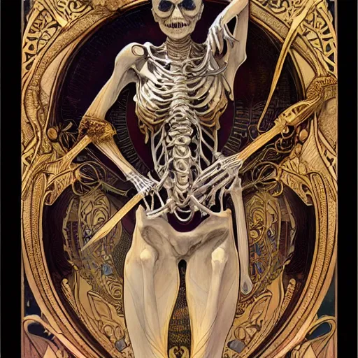 Image similar to skeleton with sickle, highly detailed, very intricate, art nouveau, gold filigree, award winning, tarot concept art watercolor illustration by mandy jurgens and alphonse mucha and alena aenami, featured on artstation